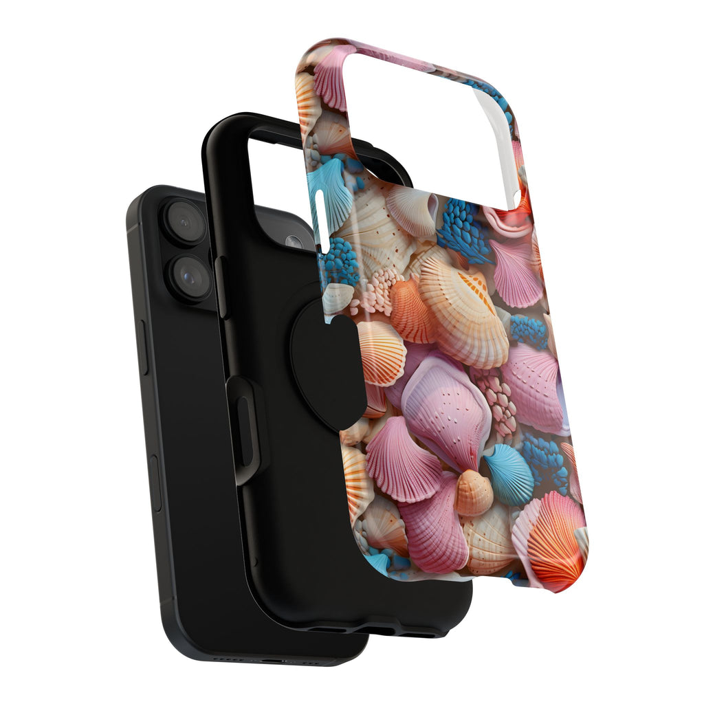 Seashell Treasure protective phone case, close-up of the dual-layer construction