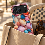 Seashell Treasure MagSafe case, a pile of colorful seashells, lifestyle photo in a handbag