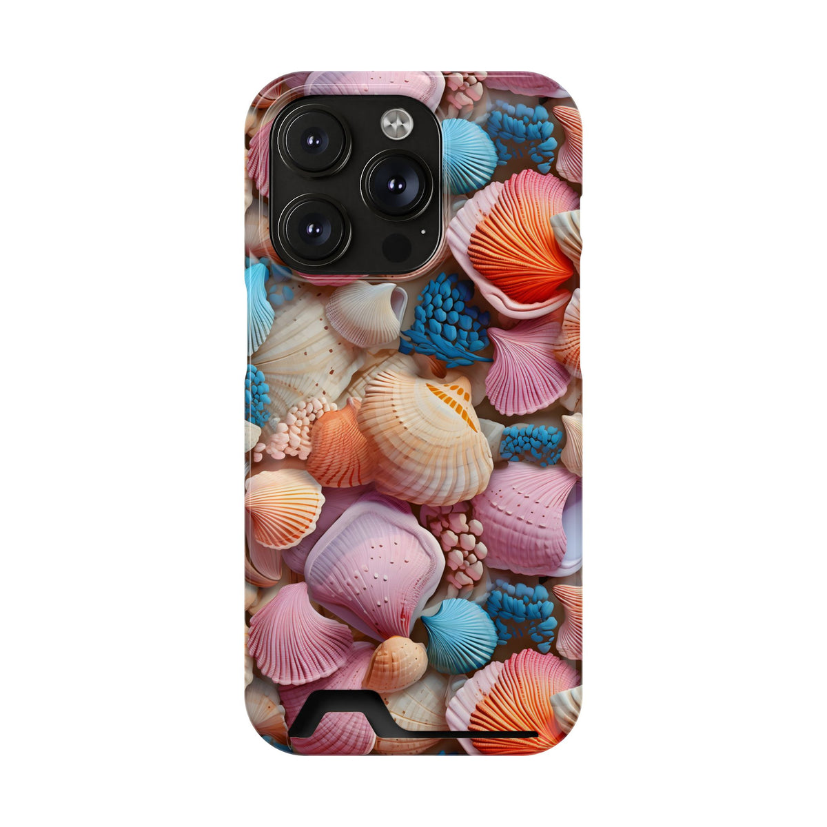Seashell Treasure phone case with card holder for iPhone 14 Pro, glossy finish