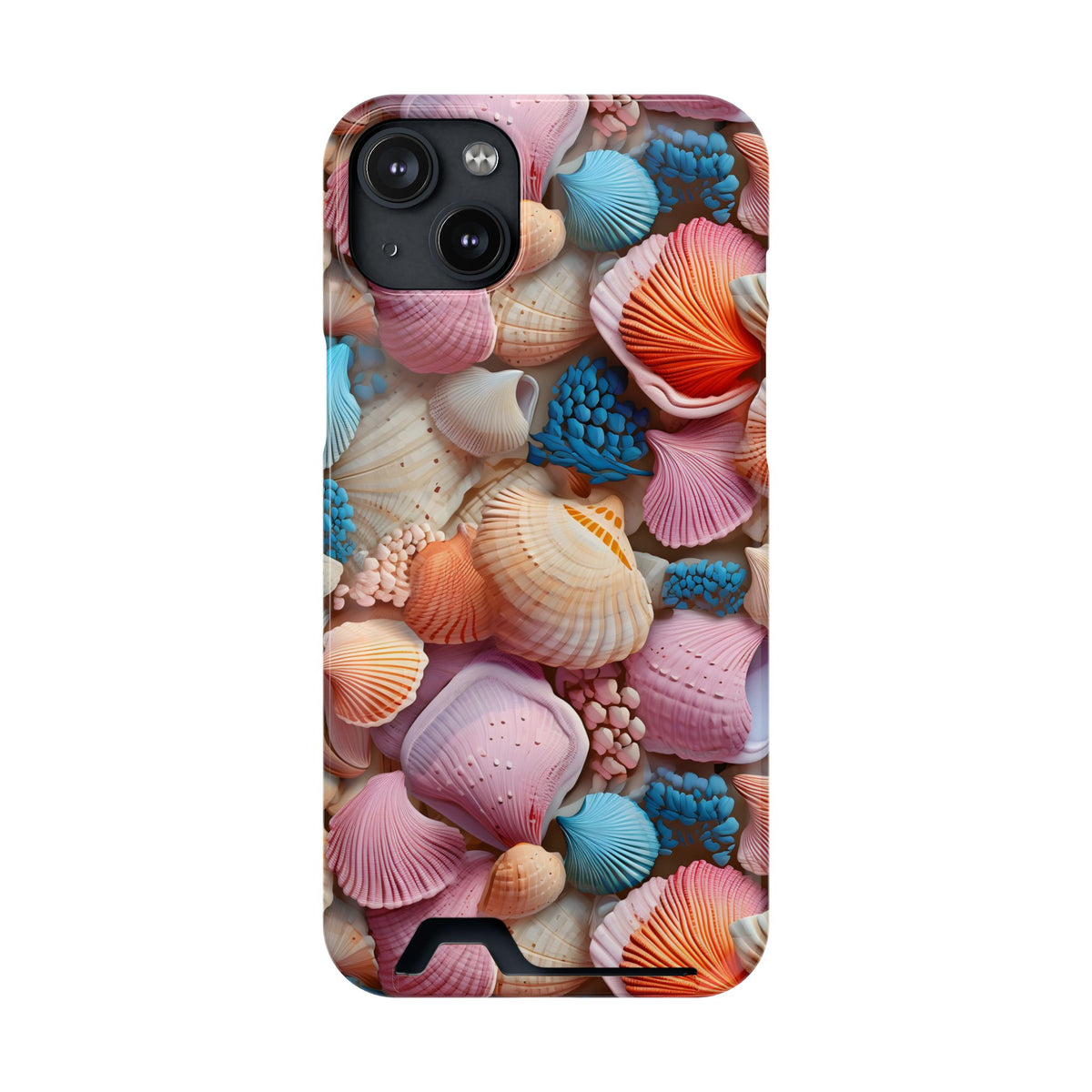 Seashell Treasure phone case with card holder for iPhone 14 Plus, glossy finish