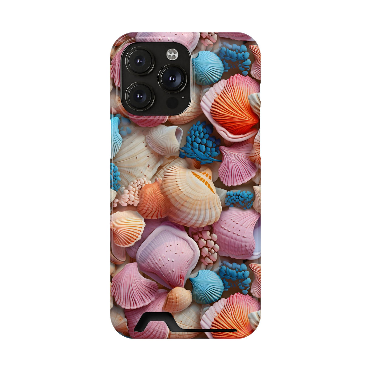 Seashell Treasure phone case with card holder for iPhone 14 Pro Max, glossy finish
