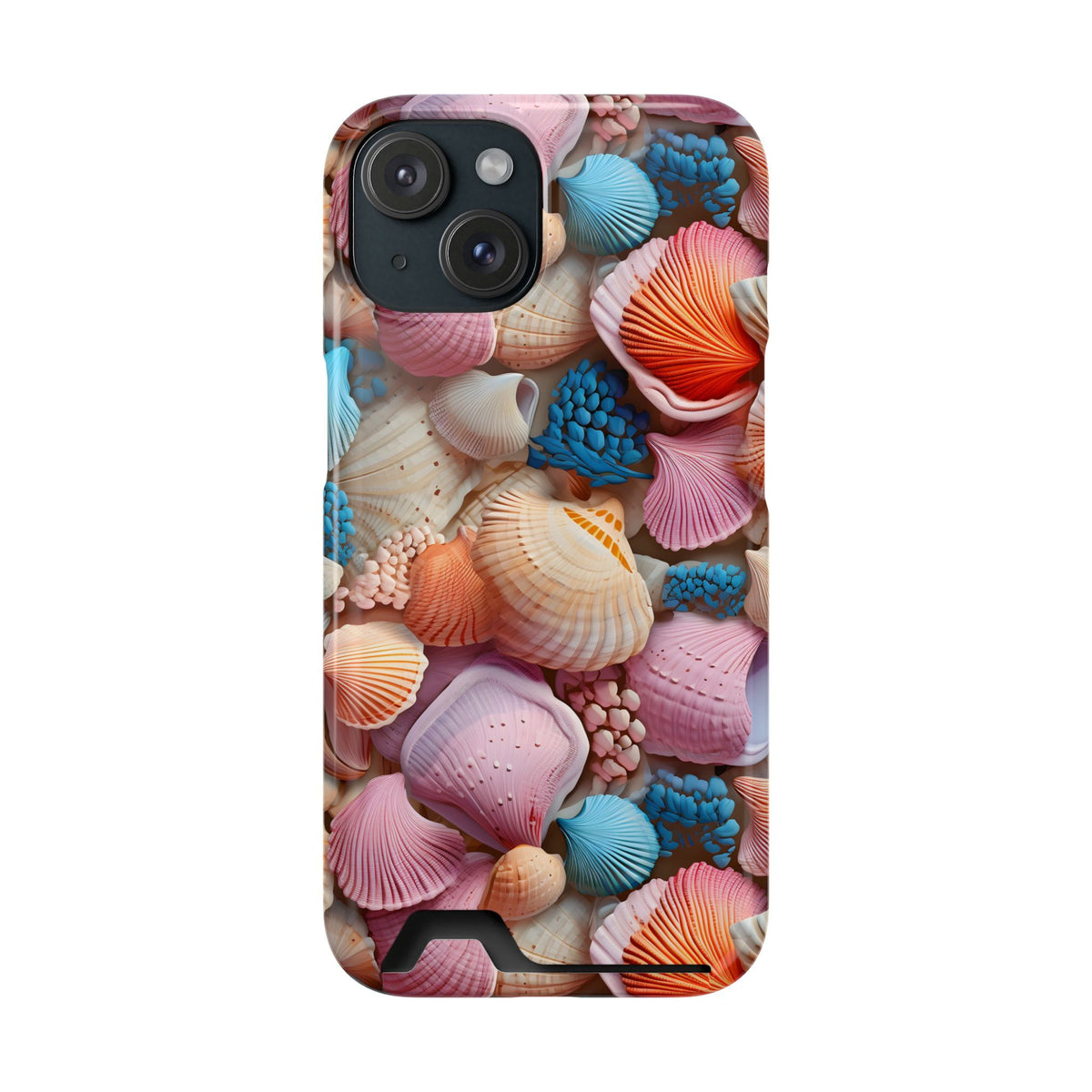 Seashell Treasure phone case with card holder for iPhone 15, glossy finish