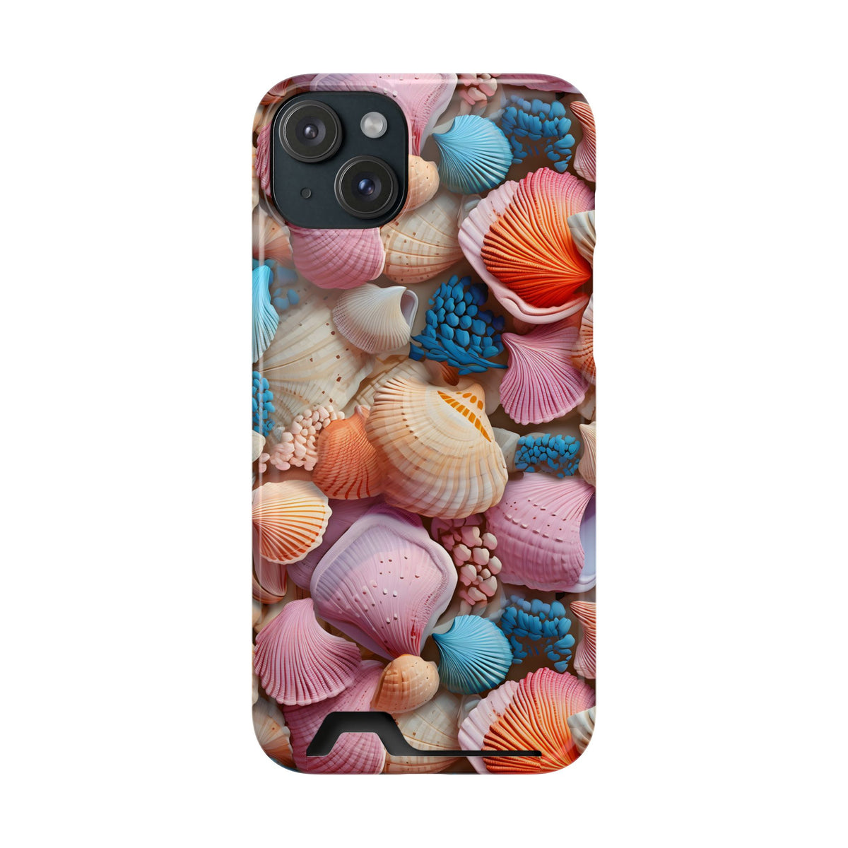 Seashell Treasure phone case with card holder for iPhone 15 Plus, glossy finish