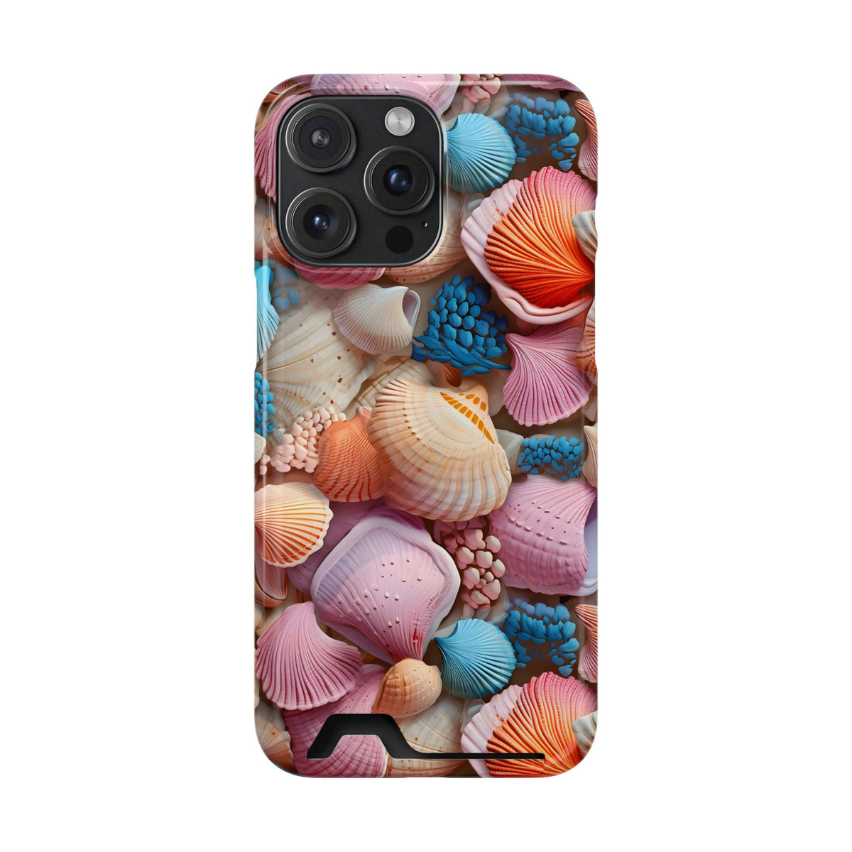 Seashell Treasure phone case with card holder for iPhone 15 Pro Max, glossy finish