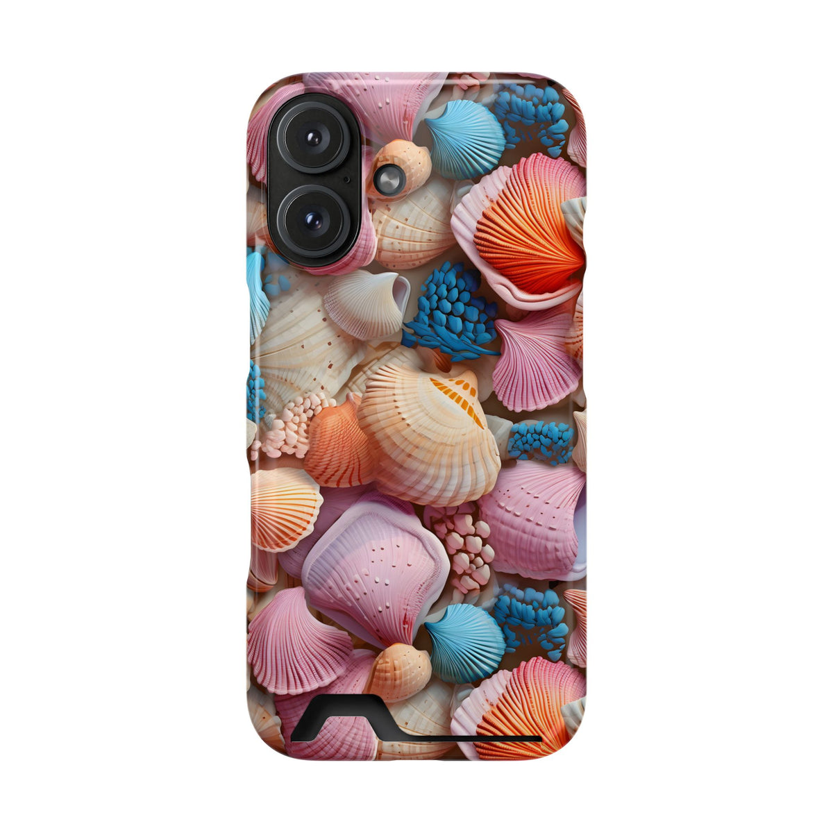 Seashell Treasure phone case with card holder for iPhone 16, glossy finish