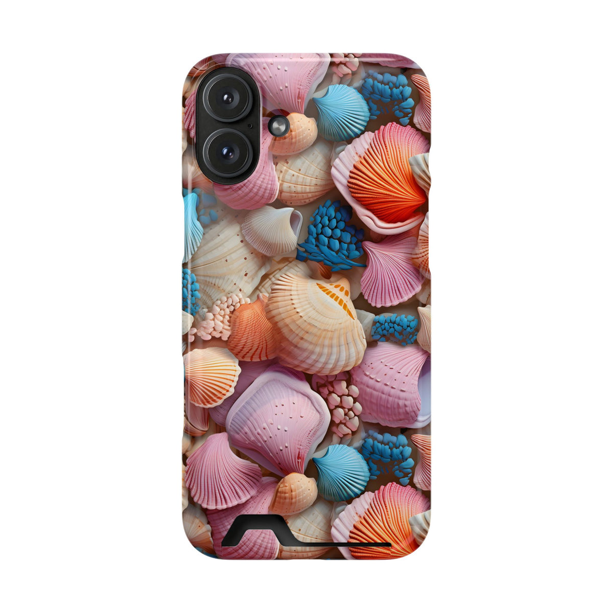 Seashell Treasure phone case with card holder for iPhone 16 Plus, glossy finish