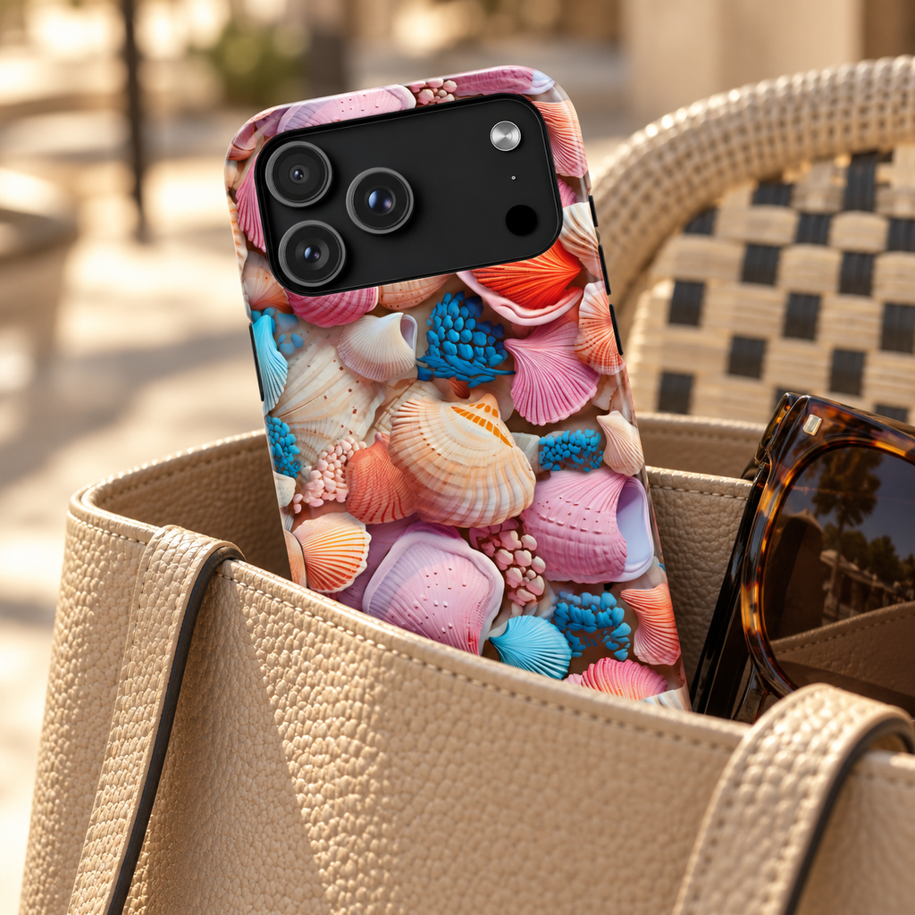 Seashell Treasure phone case with card holder, a pile of colorful seashells, lifestyle photo in a handbag