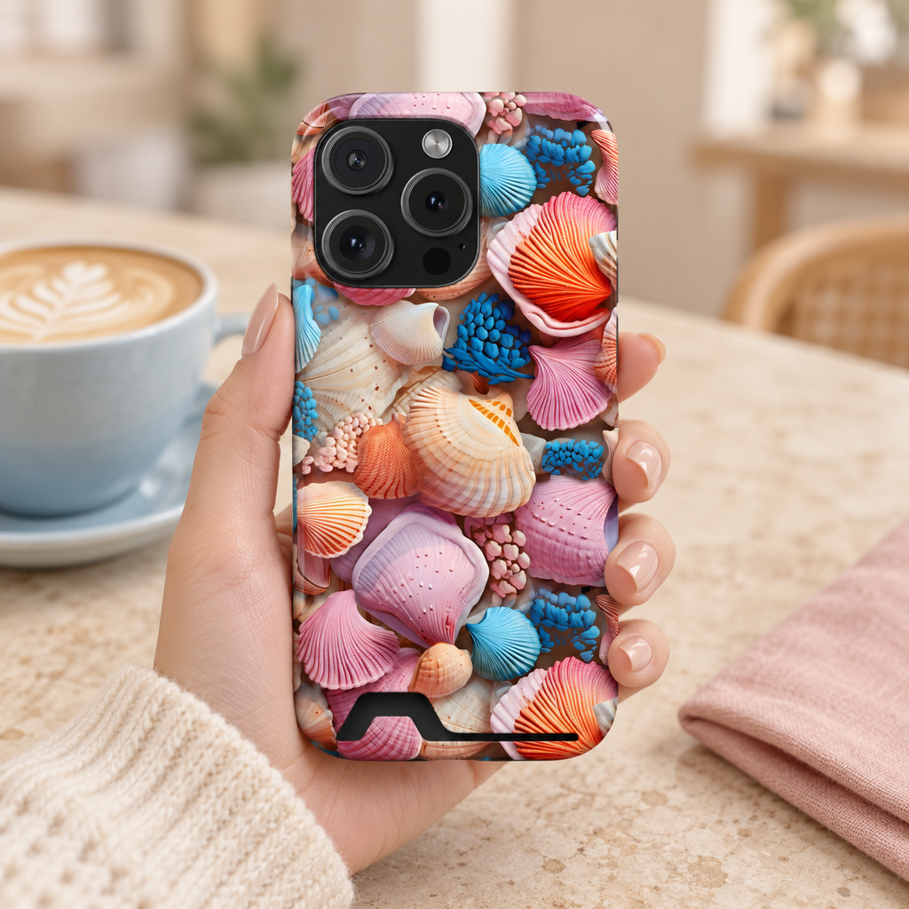 Seashell Treasure phone case with card holder, a pile of colorful seashells, lifestyle photo in hand with coffee