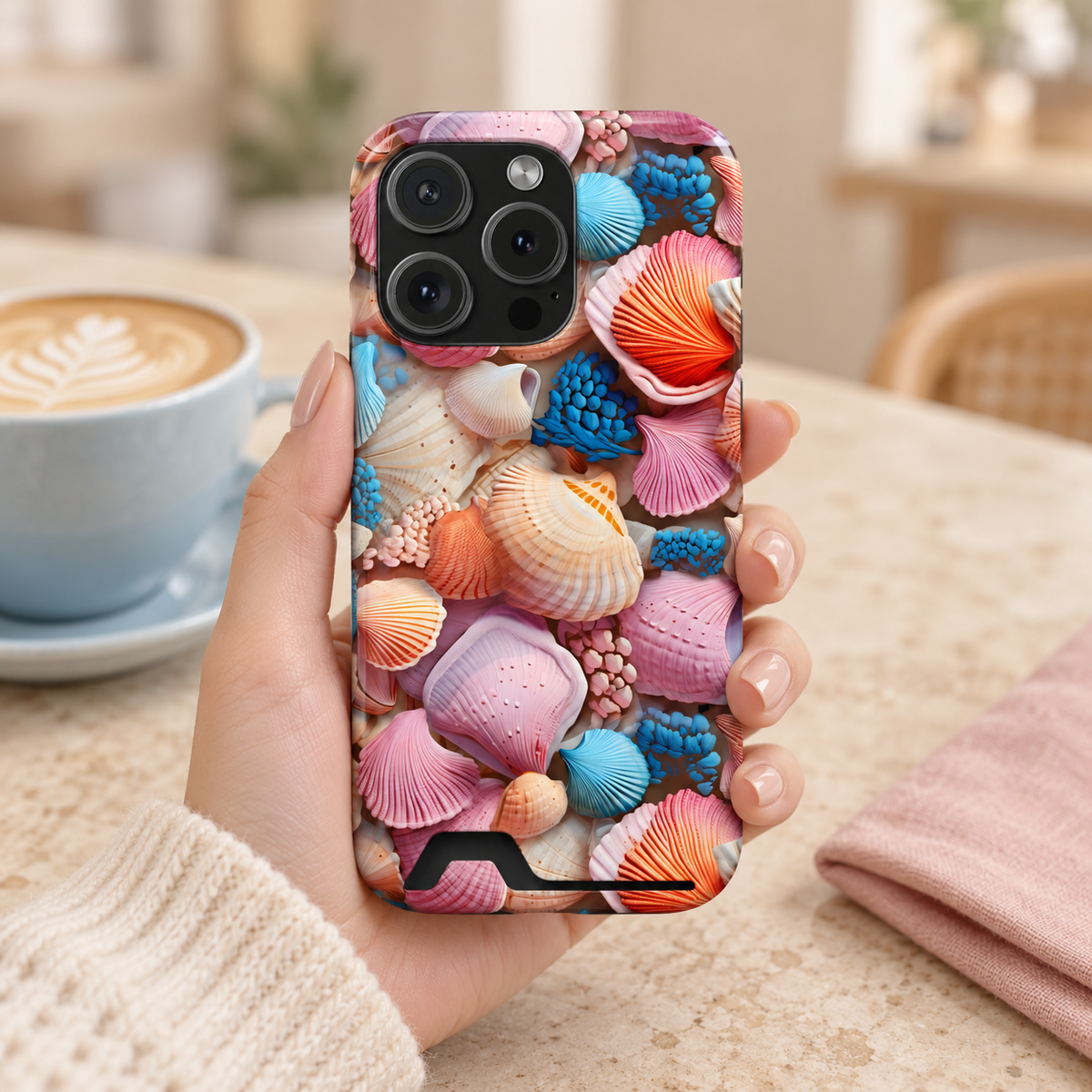 Seashell Treasure phone case with card holder, a pile of colorful seashells, lifestyle photo in hand with coffee