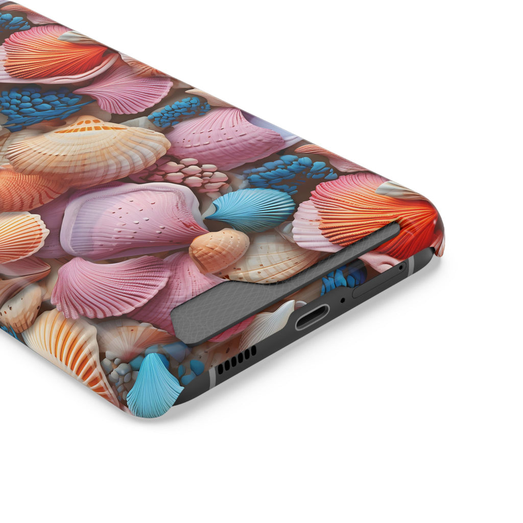 Seashell Treasure phone case with card holder, close-up of the card slot