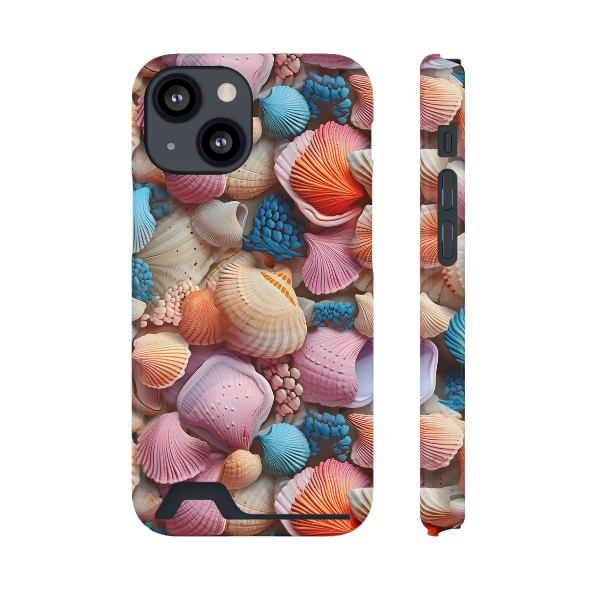 Seashell Treasure phone case with card holder for iPhone 13 Mini, glossy finish