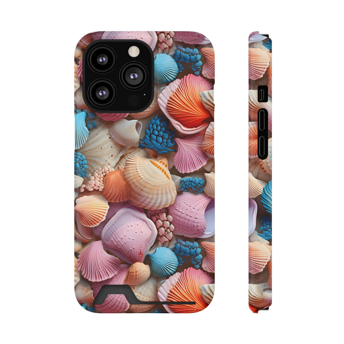 Seashell Treasure phone case with card holder for iPhone 13 Pro, glossy finish