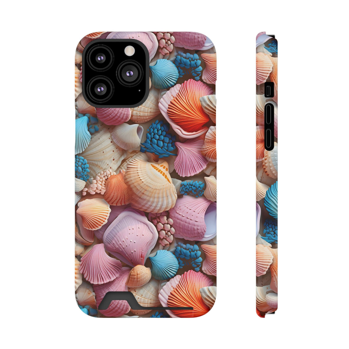 Seashell Treasure phone case with card holder for iPhone 13 Pro Max, glossy finish