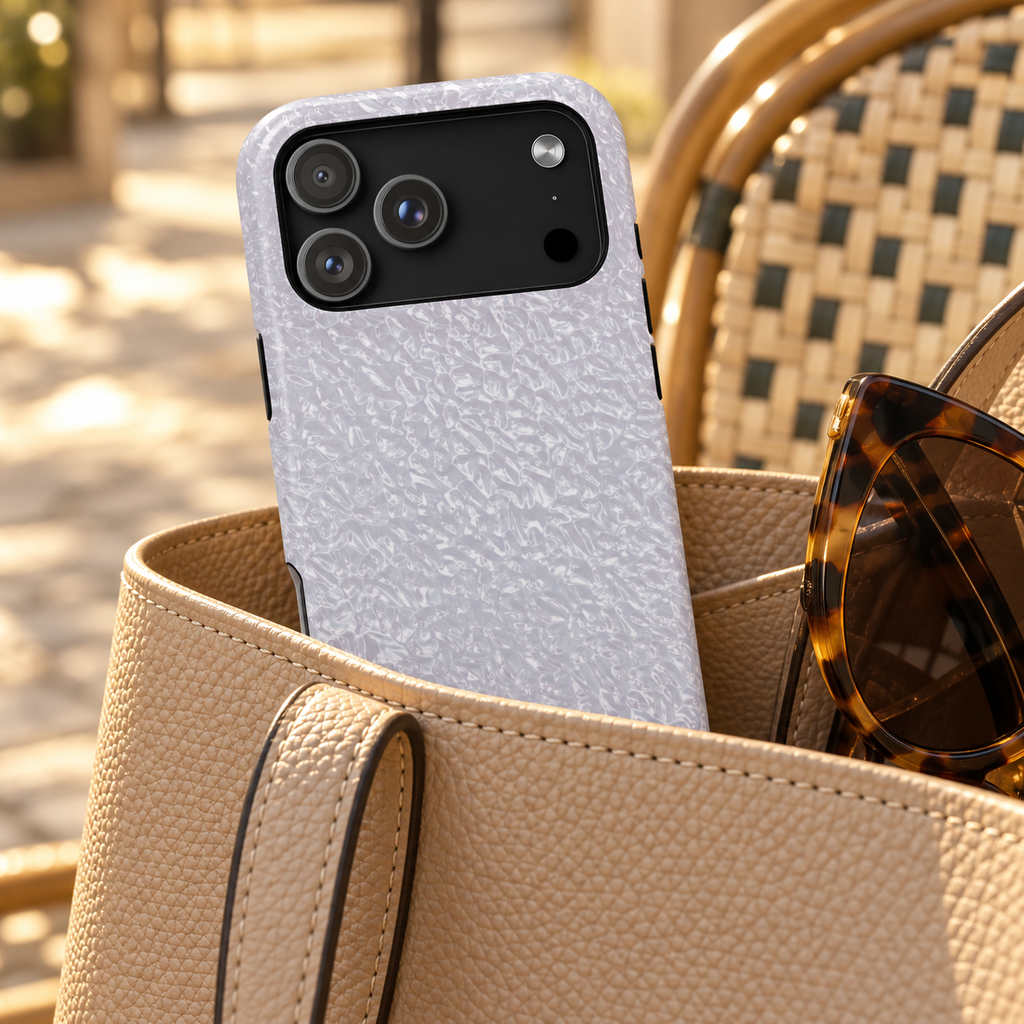 Silver Foil protective phone case, a crinkled silver foil texture, lifestyle photo in a handbag