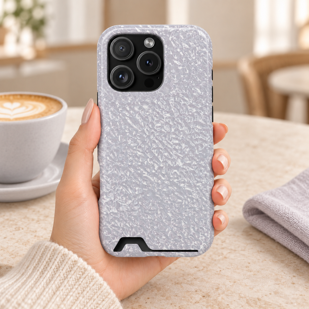 Silver Foil phone case with card holder, a crinkled silver foil texture, lifestyle photo in hand with coffee