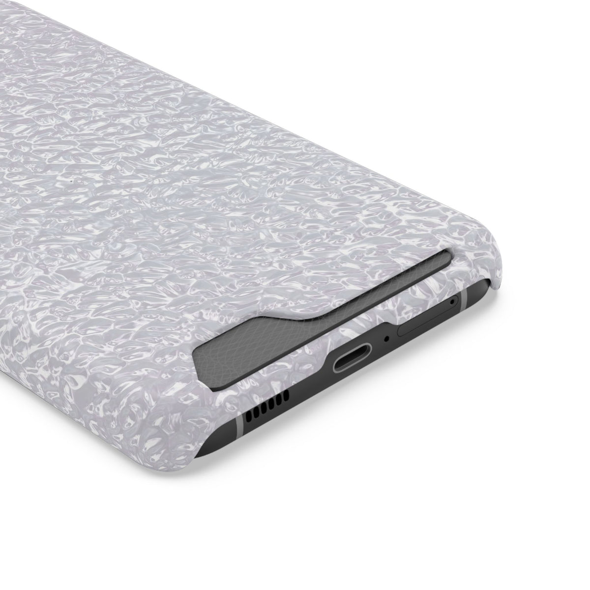 Silver Foil phone case with card holder, close-up of the card slot