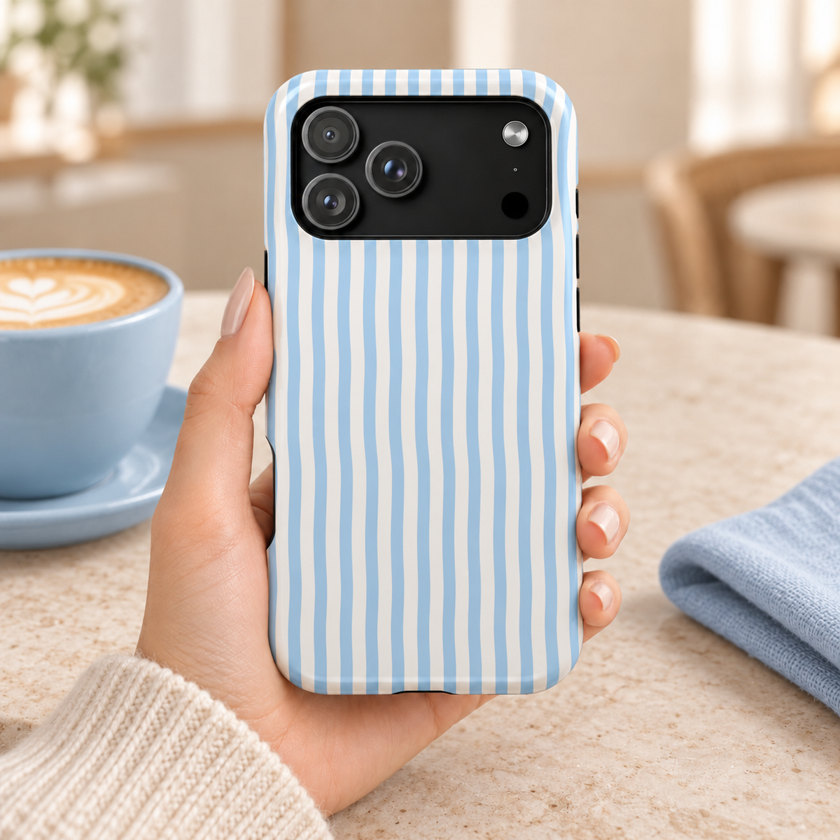 Sky Blue Stripe MagSafe case, sky blue and white stripes, lifestyle photo in hand with coffee