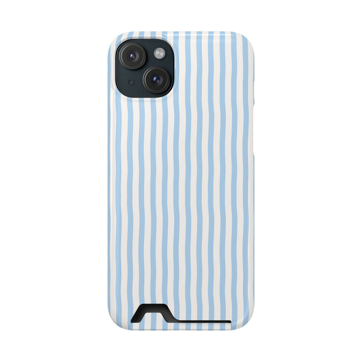 Sky Blue Stripe phone case with card holder for iPhone 15 Plus, glossy finish