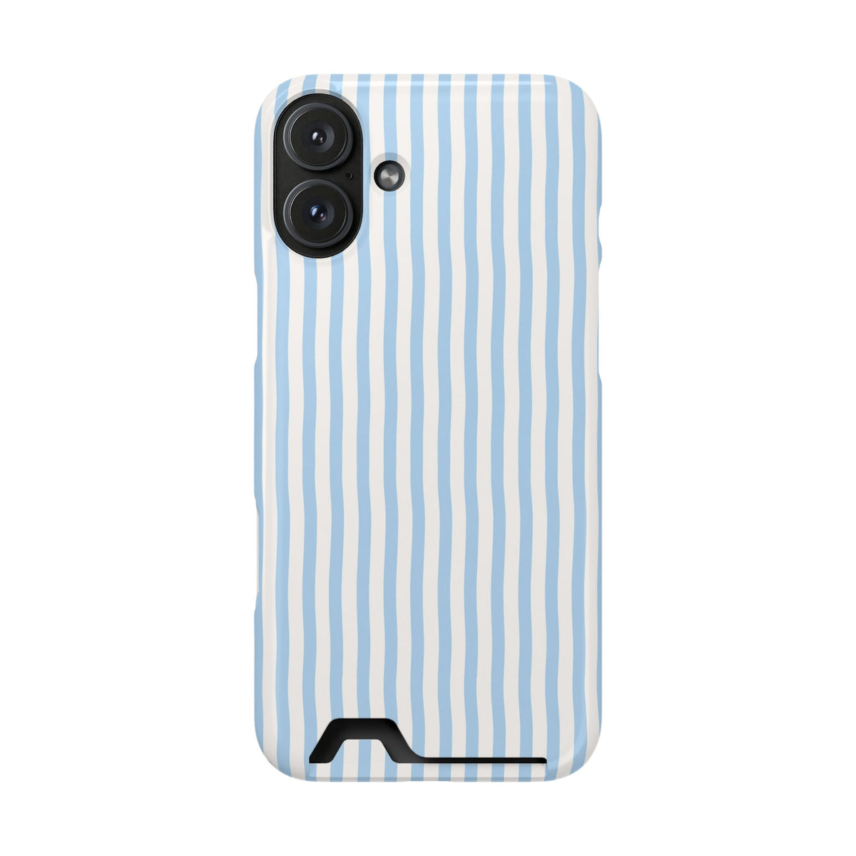Sky Blue Stripe phone case with card holder for iPhone 16 Plus, glossy finish