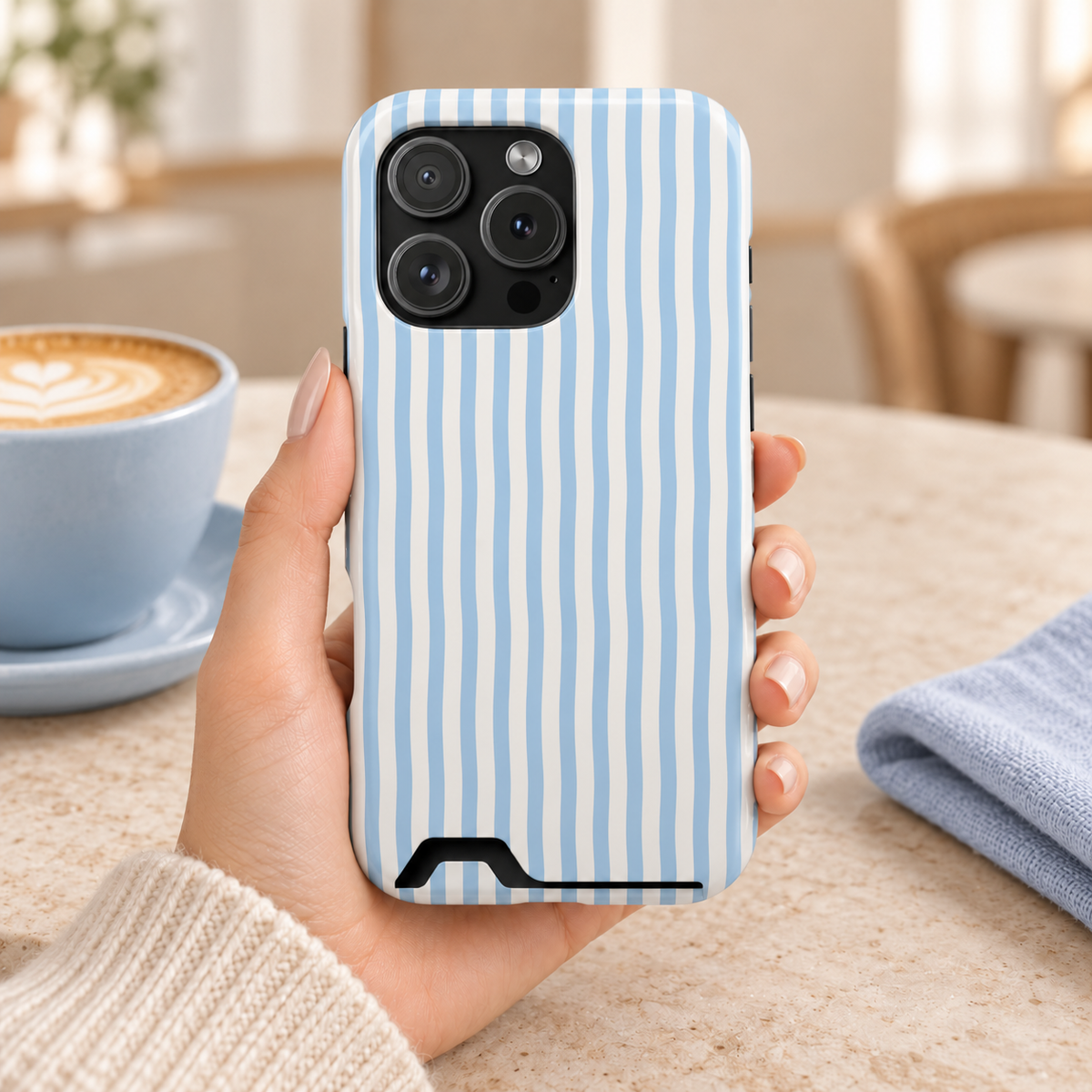 Sky Blue Stripe phone case with card holder, sky blue and white stripes, lifestyle photo in hand with coffee