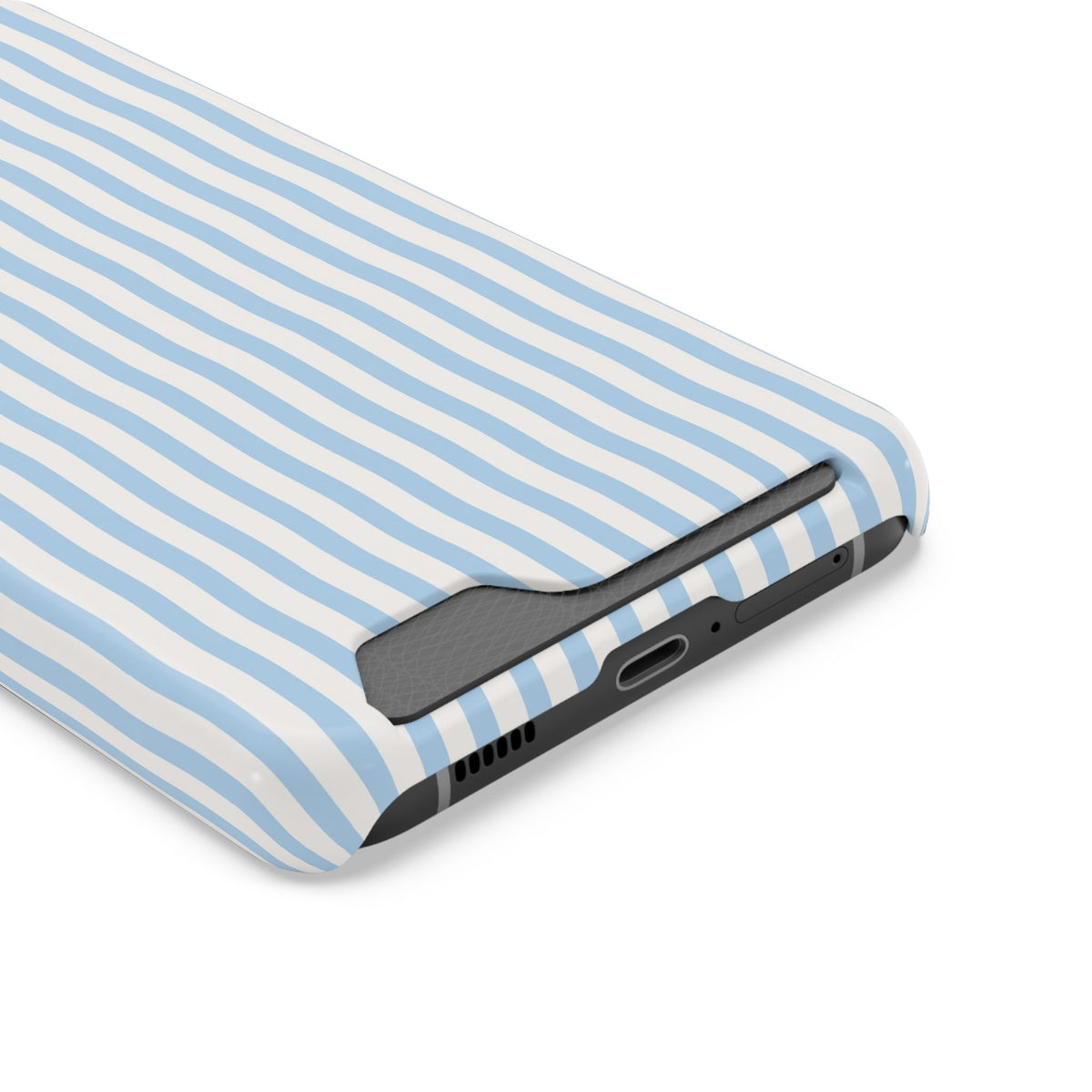 Sky Blue Stripe phone case with card holder, close-up of the card slot