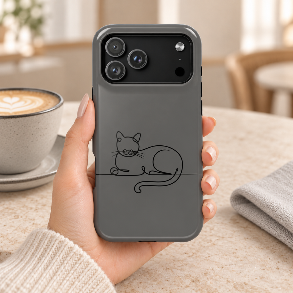 Sleepy Cat MagSafe case, a line-drawn sleeping cat on charcoal gray, lifestyle photo in hand with coffee