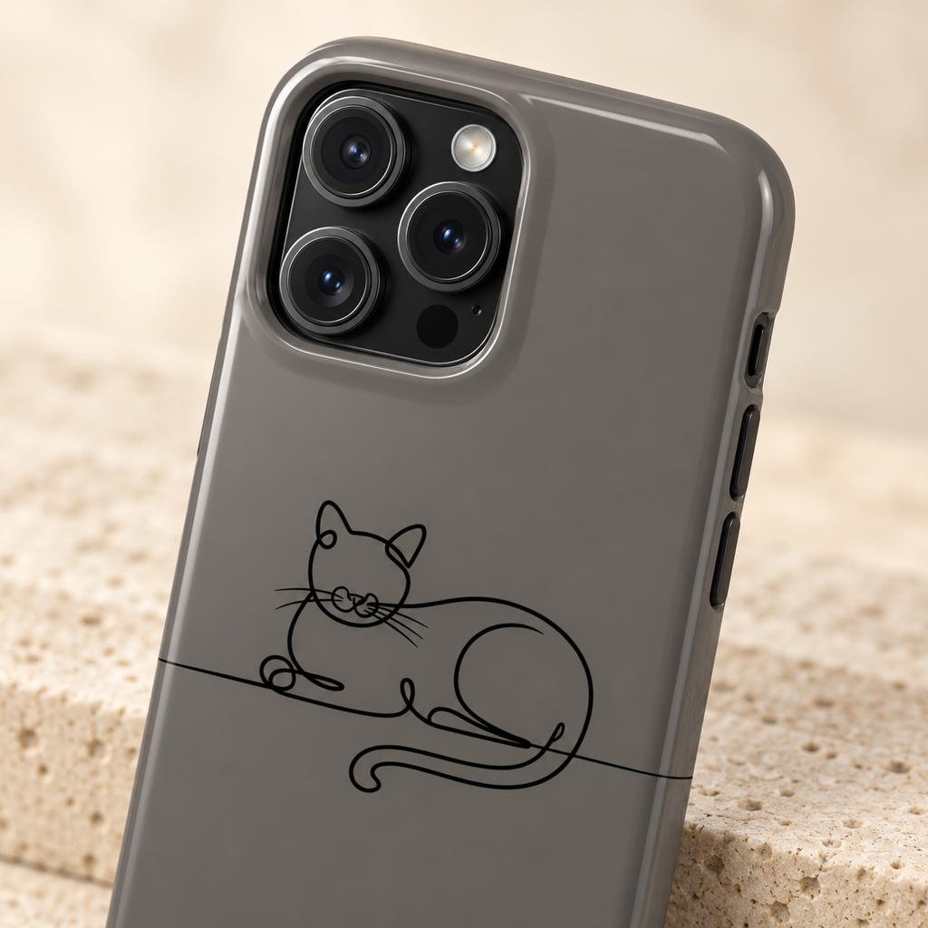 Sleepy Cat MagSafe case, a line-drawn sleeping cat on charcoal gray, lifestyle close-up of the camera