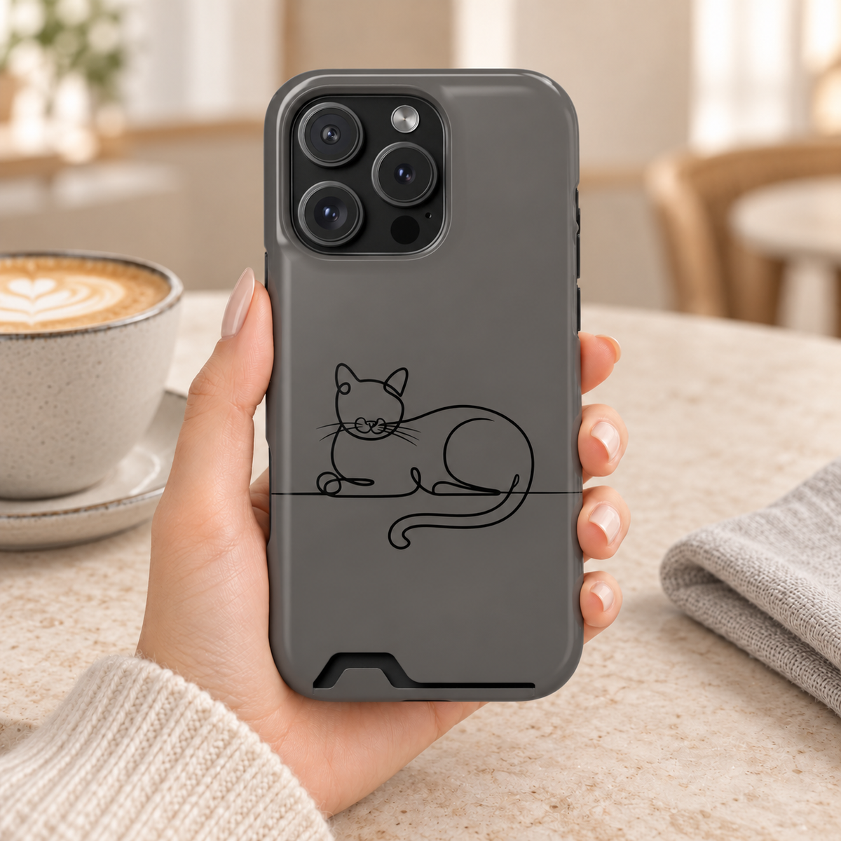 Sleepy Cat phone case with card holder, a line-drawn sleeping cat on charcoal gray, lifestyle photo in hand with coffee
