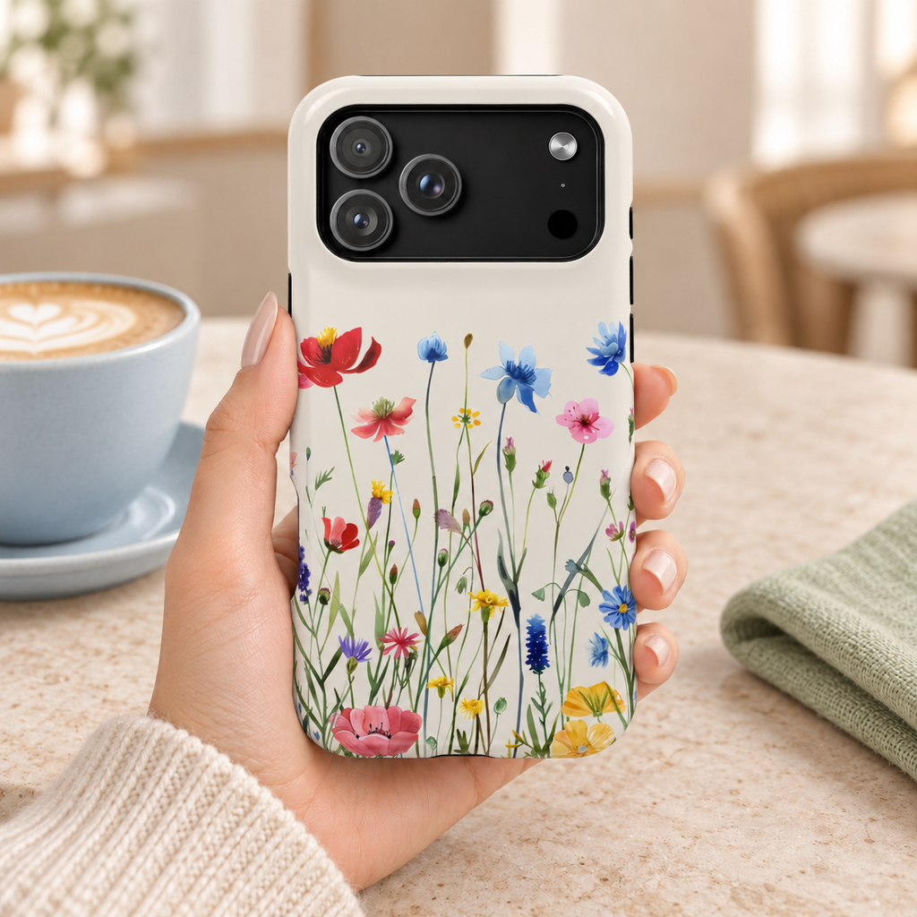 Spring Meadow protective phone case, red poppies and blue cornflowers on cream, lifestyle photo in hand with coffee