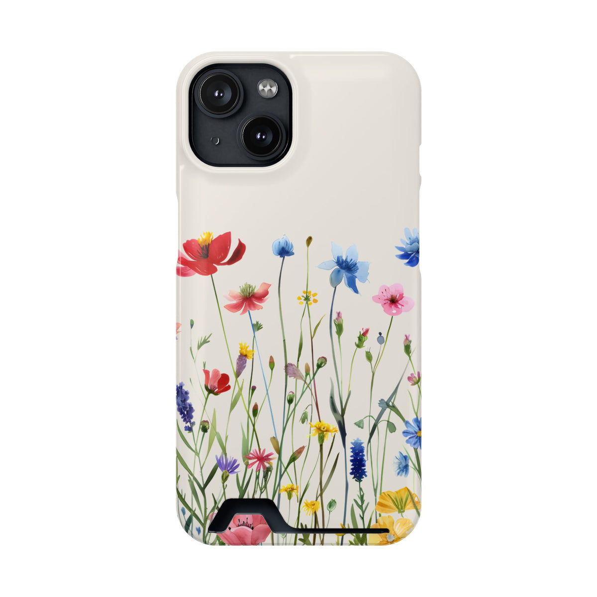Spring Meadow phone case with card holder for iPhone 14, glossy finish