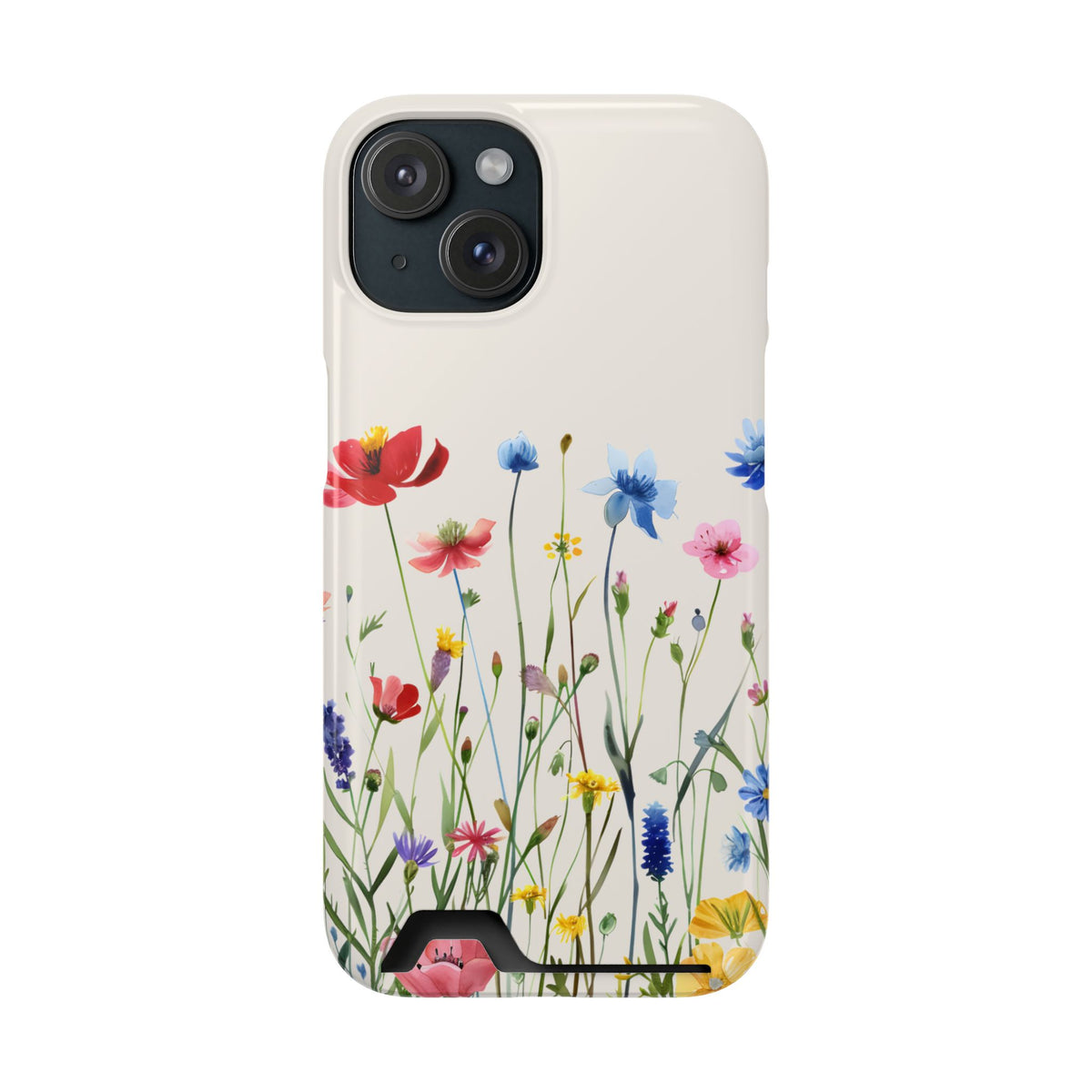 Spring Meadow phone case with card holder for iPhone 15, glossy finish