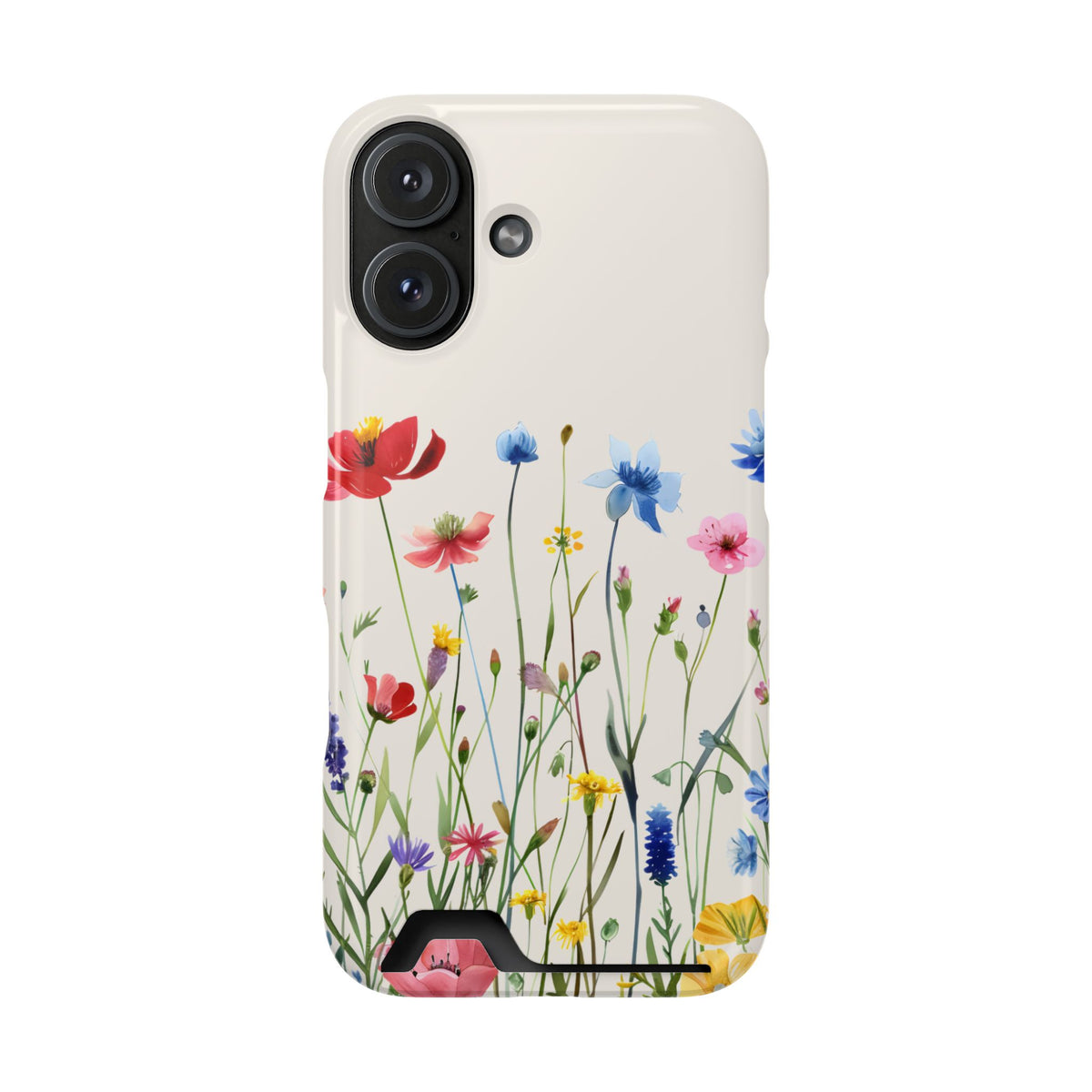 Spring Meadow phone case with card holder for iPhone 16, glossy finish