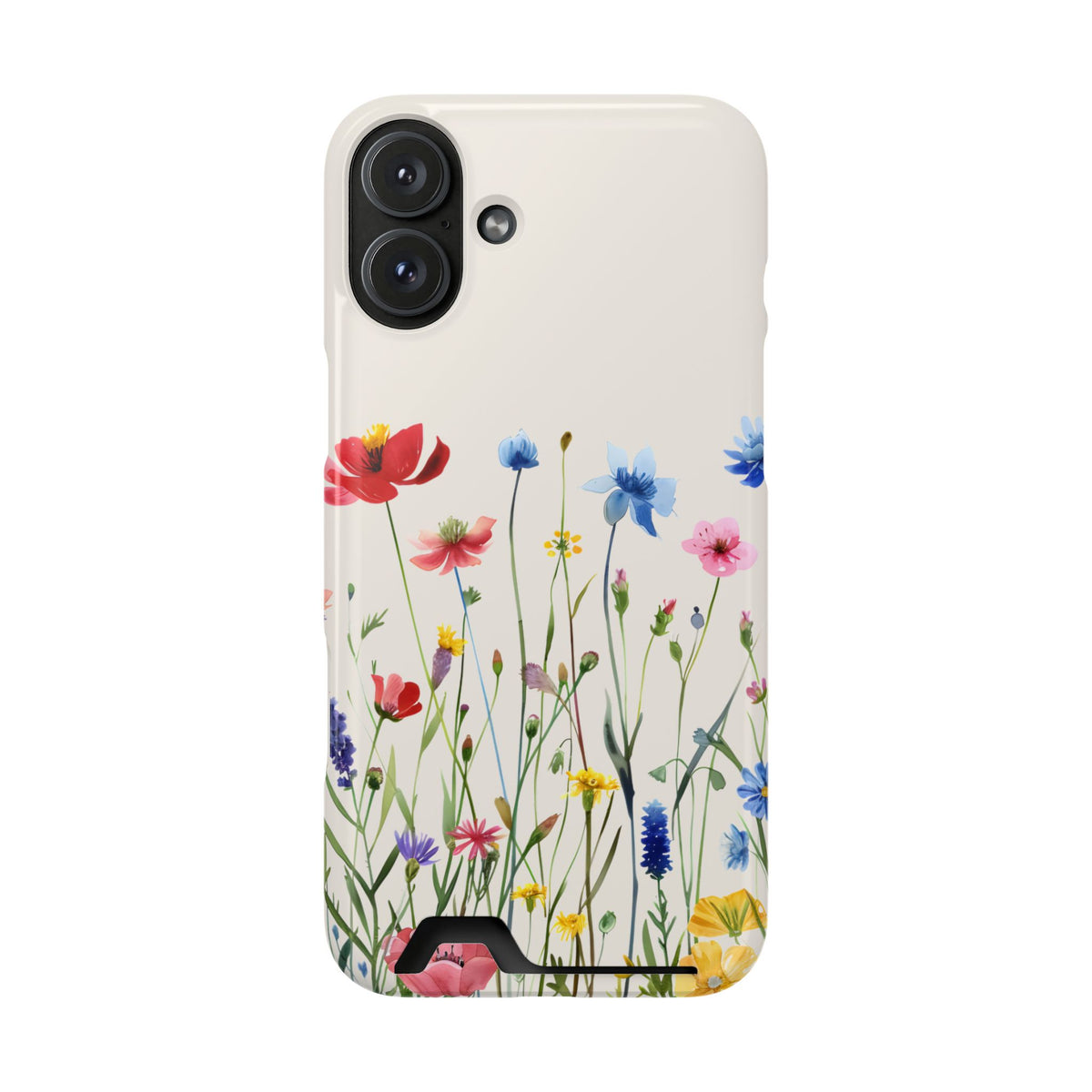 Spring Meadow phone case with card holder for iPhone 16 Plus, glossy finish
