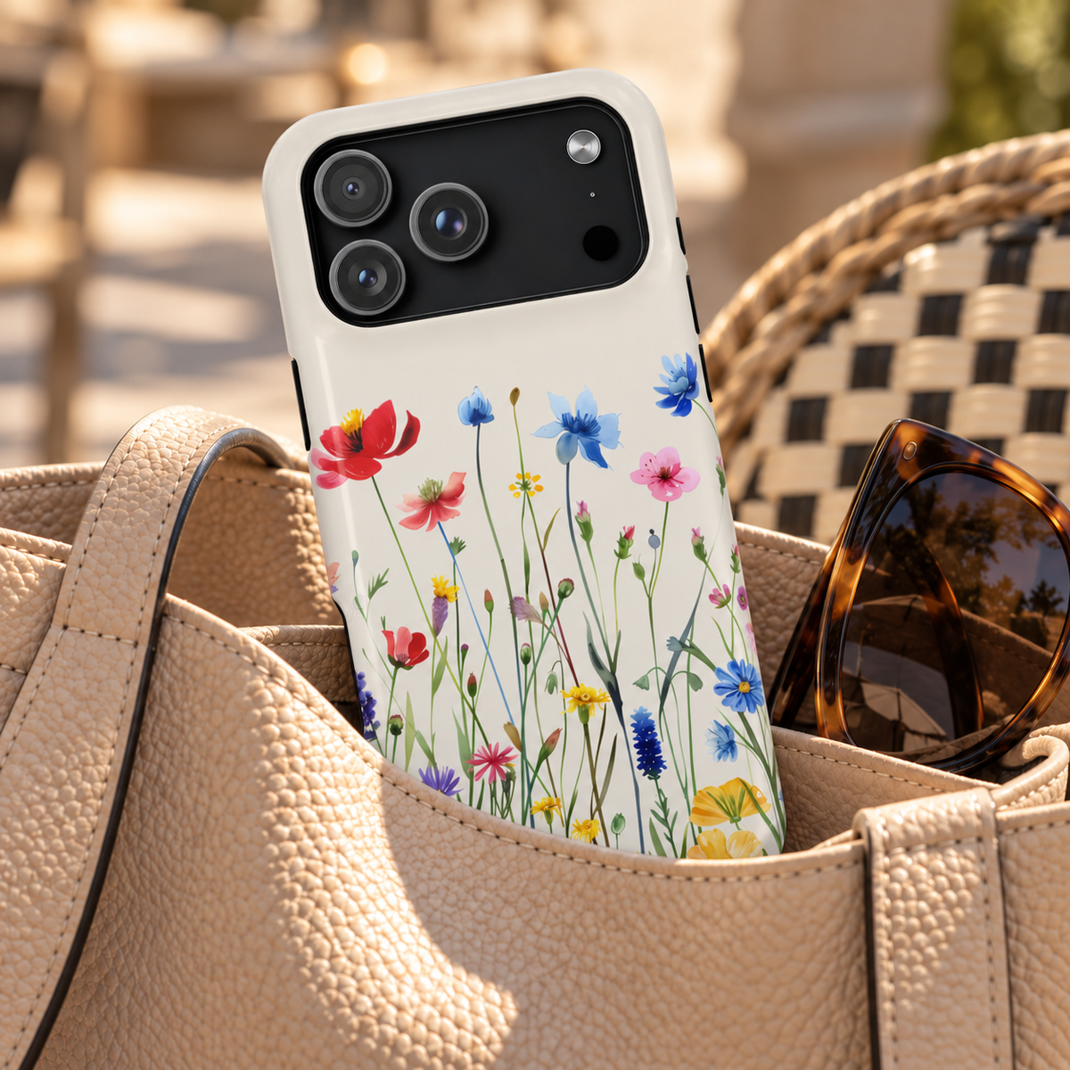 Spring Meadow phone case with card holder, red poppies and blue cornflowers on cream, lifestyle photo in a handbag