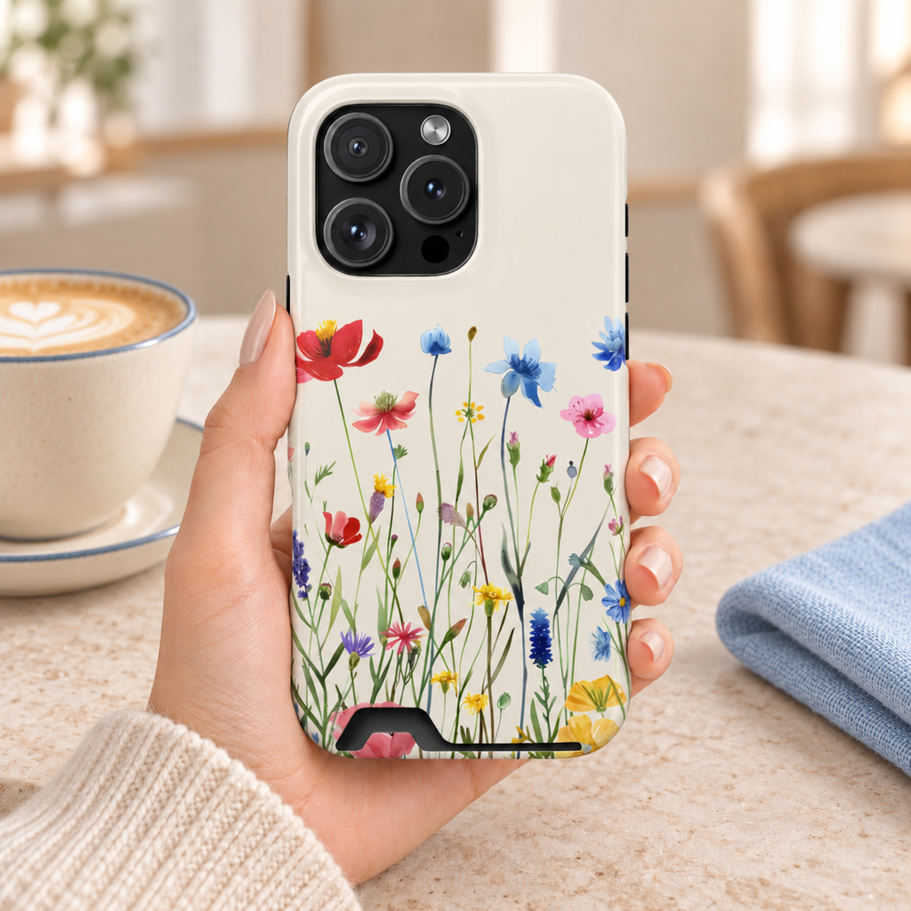 Spring Meadow phone case with card holder, red poppies and blue cornflowers on cream, lifestyle photo in hand with coffee