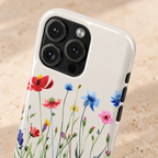 Spring Meadow phone case with card holder, red poppies and blue cornflowers on cream, lifestyle close-up of the camera