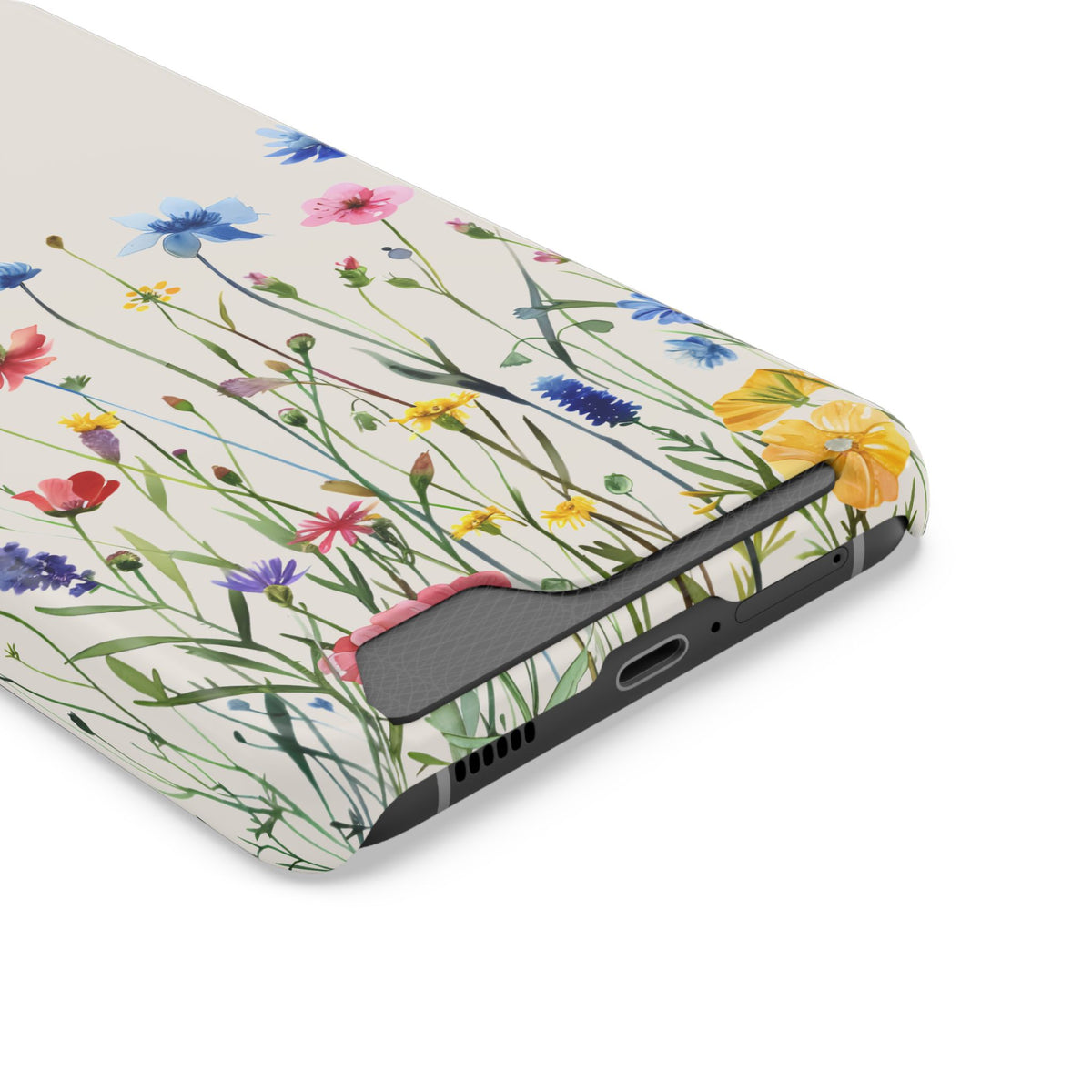 Spring Meadow phone case with card holder, close-up of the card slot