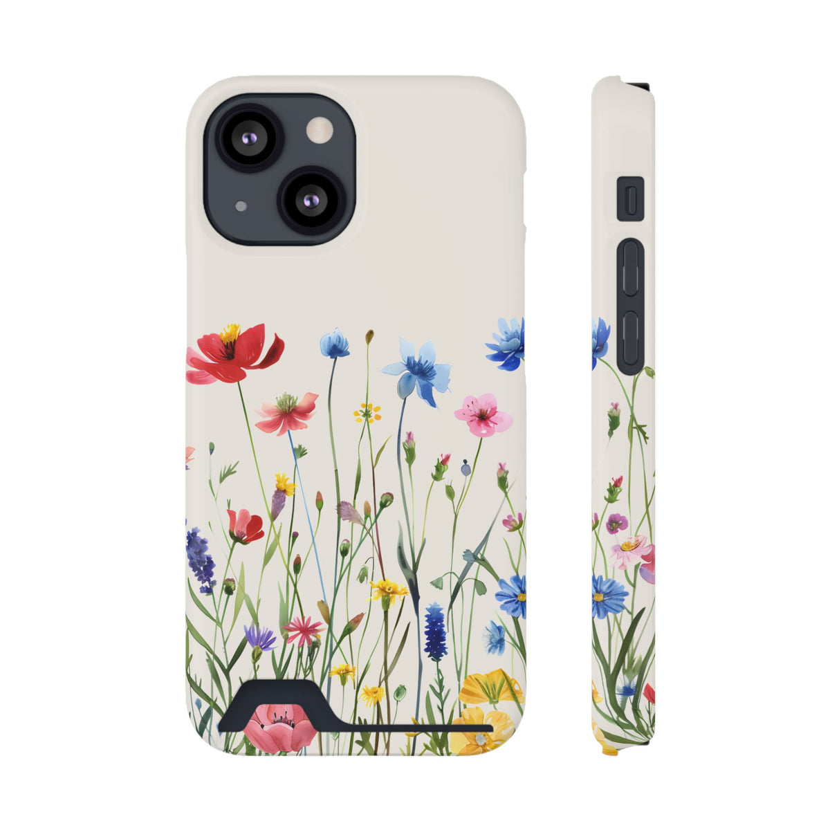 Spring Meadow phone case with card holder for iPhone 13 Mini, glossy finish