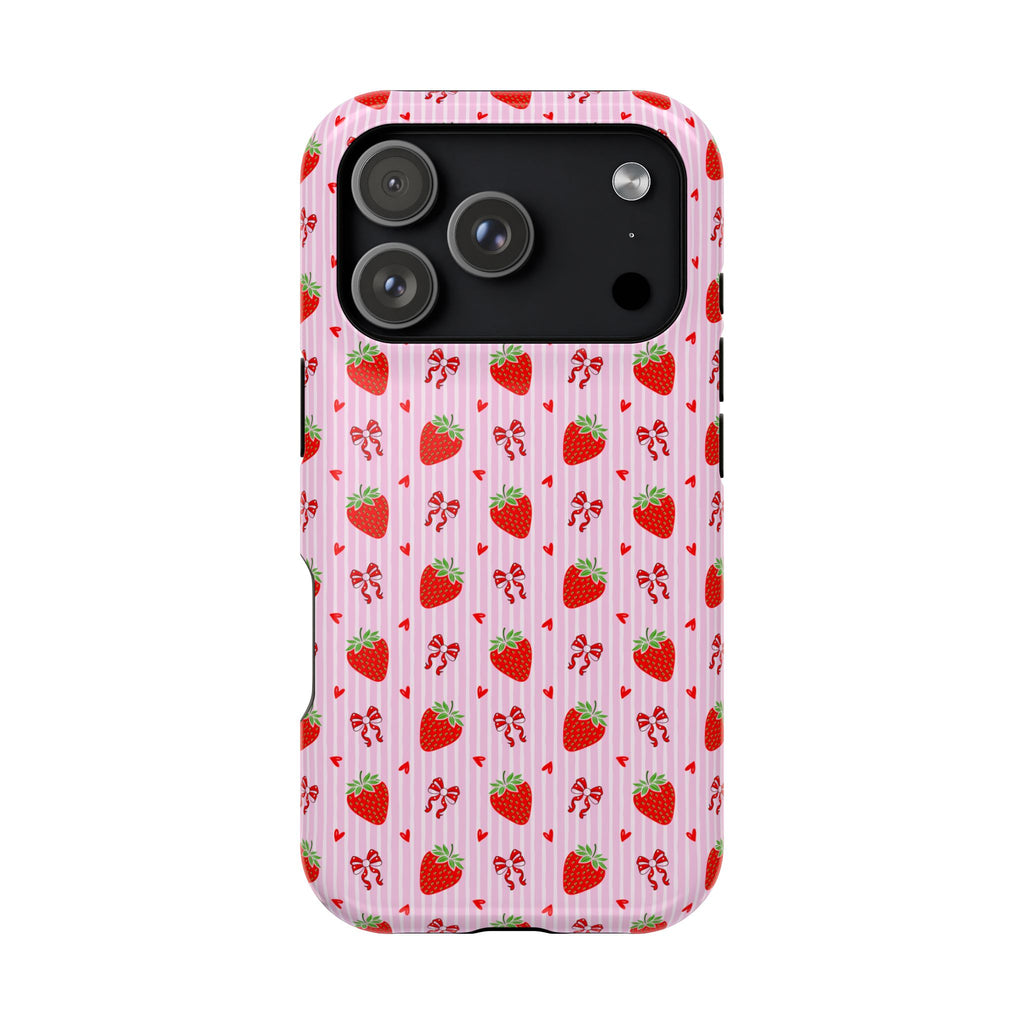 Strawberry Bow protective phone case for iPhone 18 Pro, glossy finish