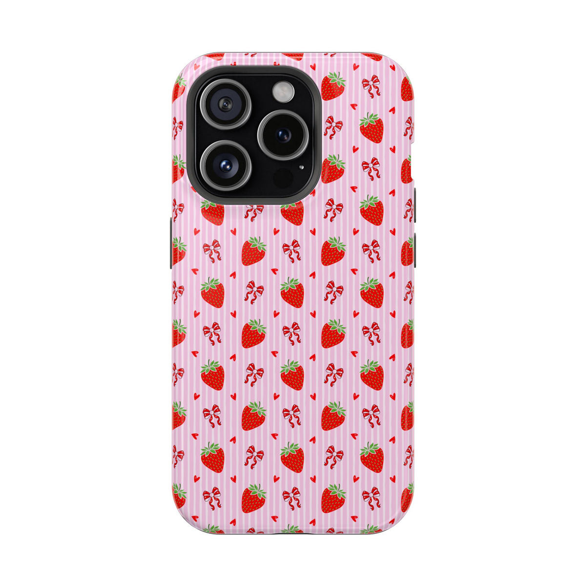 Strawberry Bow protective phone case for iPhone 15 Pro, glossy finish