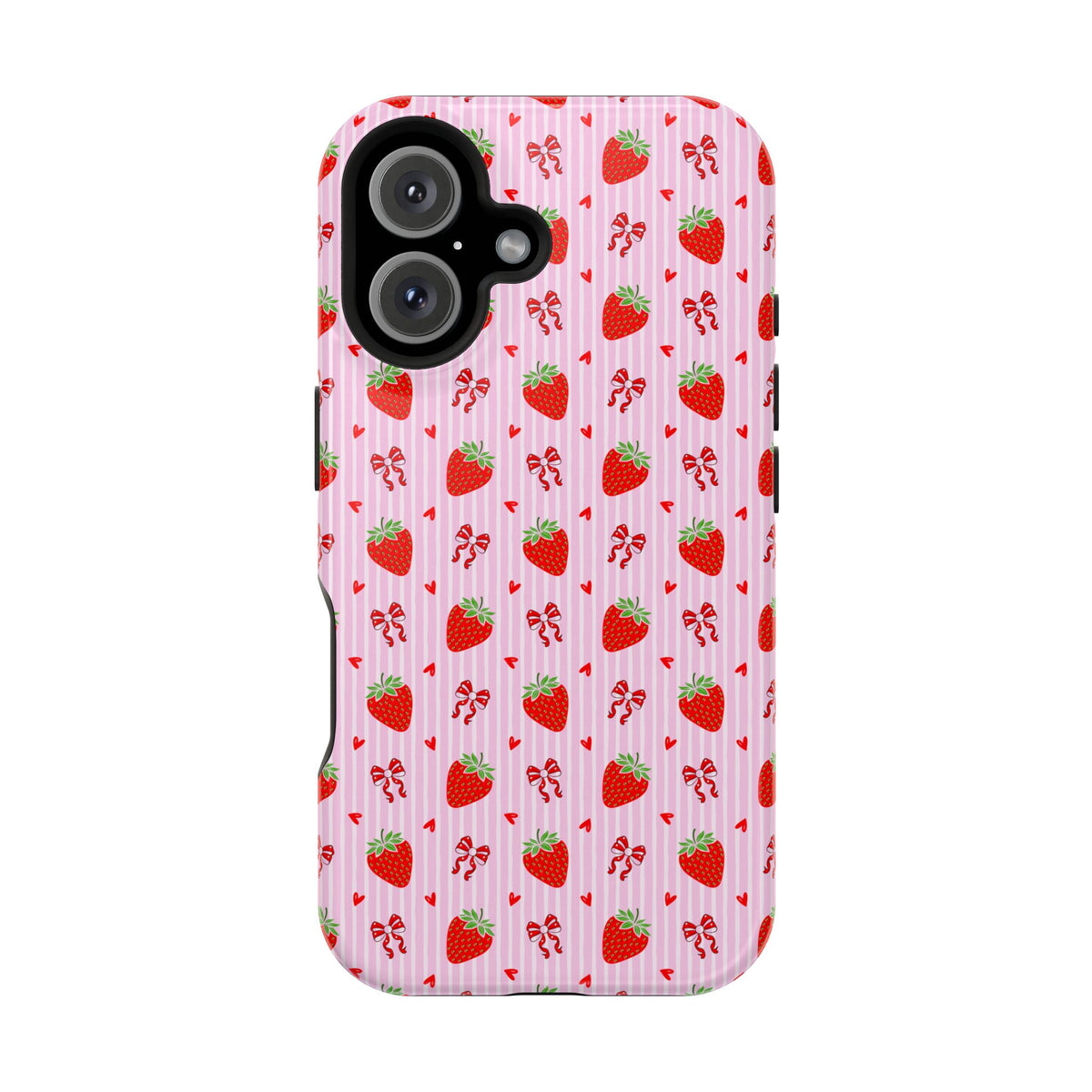 Strawberry Bow protective phone case for iPhone 16, glossy finish