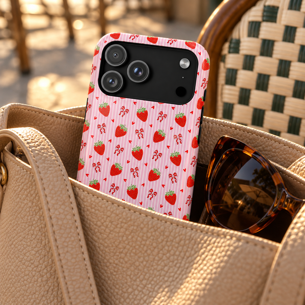 Strawberry Bow protective phone case, strawberries and red bows on pink stripes, lifestyle photo in a handbag