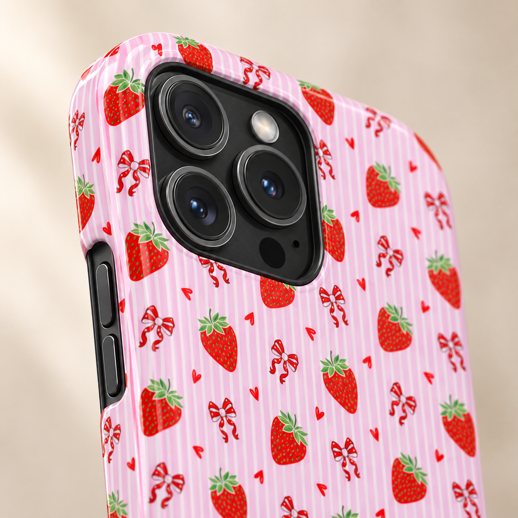 Strawberry Bow protective phone case, strawberries and red bows on pink stripes, lifestyle close-up of the camera
