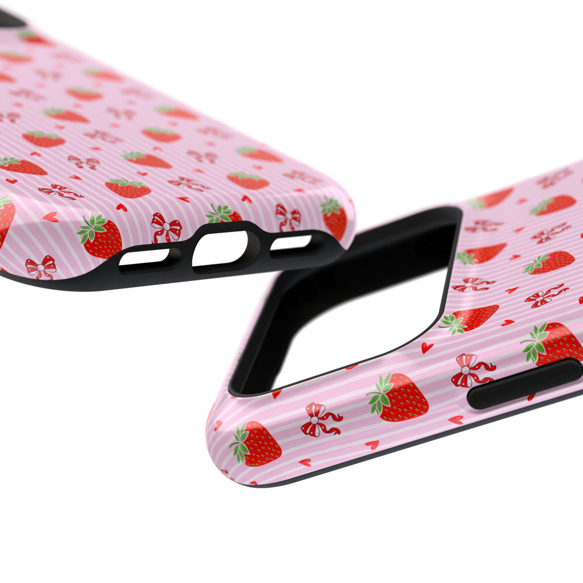 Strawberry Bow protective phone case, close-up at an angle