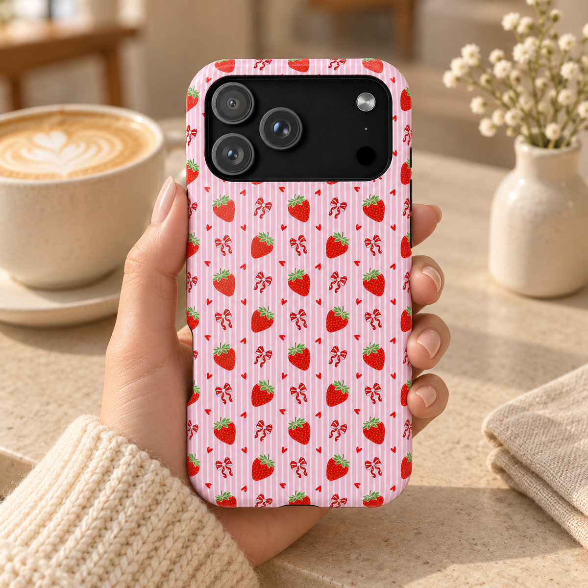 Strawberry Bow MagSafe case, strawberries and red bows on pink stripes, lifestyle photo in hand with coffee