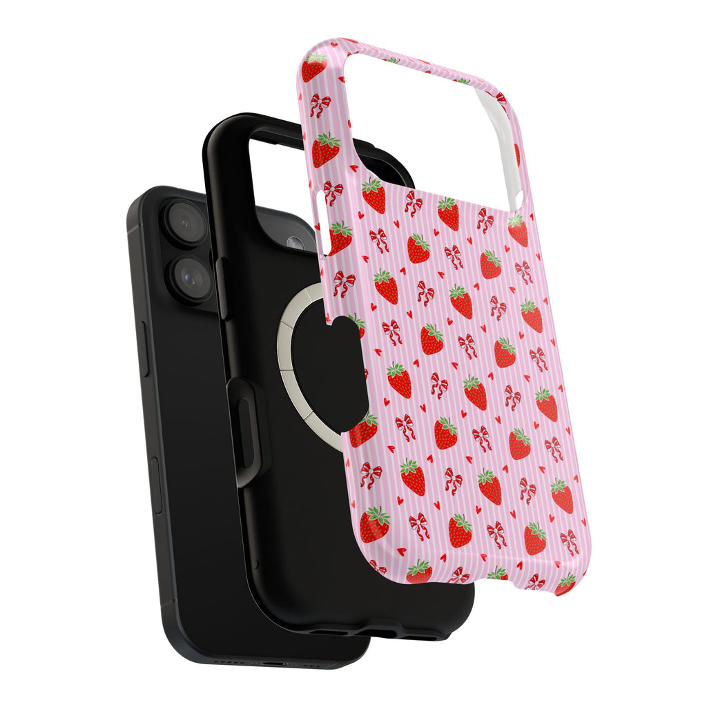 Strawberry Bow MagSafe case, close-up of the dual-layer construction