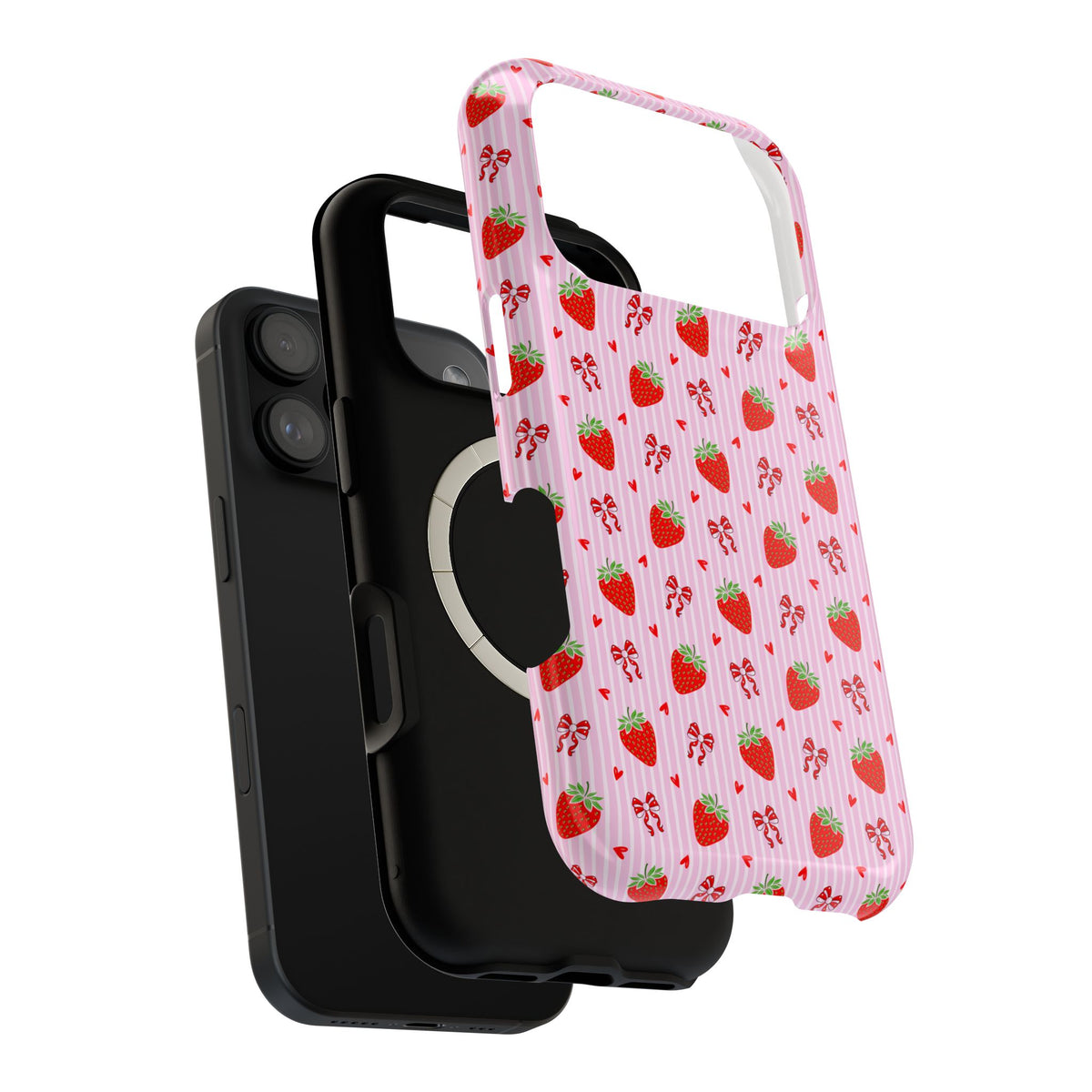 Strawberry Bow MagSafe case, close-up of the dual-layer construction