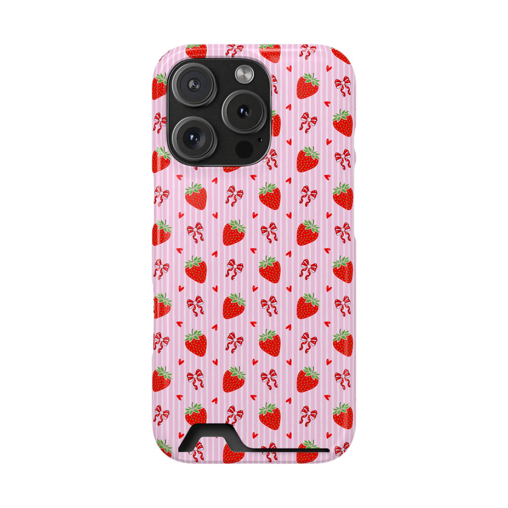 Strawberry Bow phone case with card holder for iPhone 16 Pro, glossy finish
