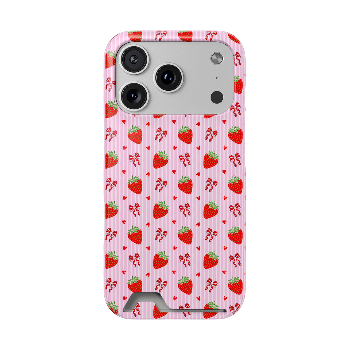 Strawberry Bow phone case with card holder for iPhone 17 Pro, glossy finish