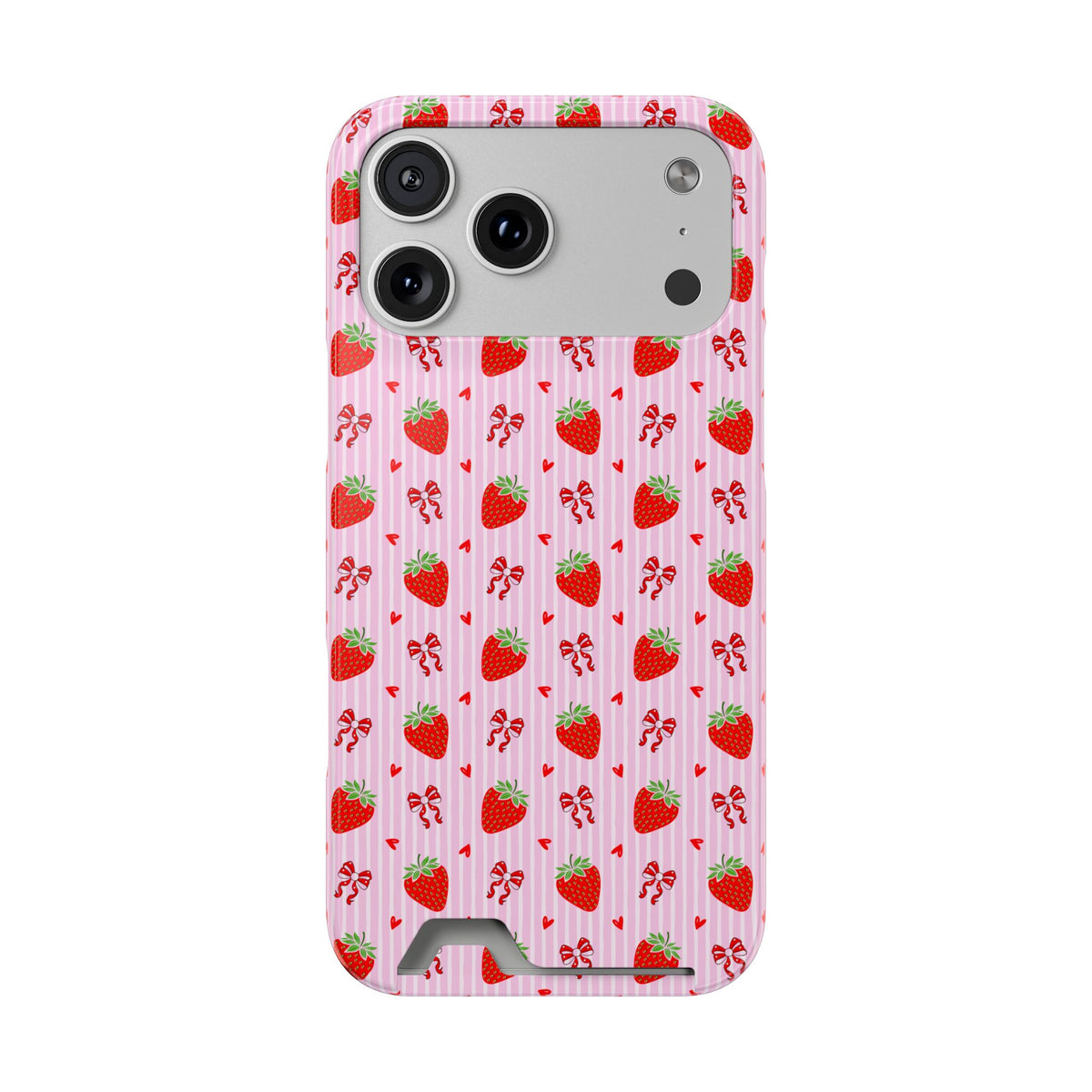 Strawberry Bow phone case with card holder for iPhone 17 Pro Max, glossy finish